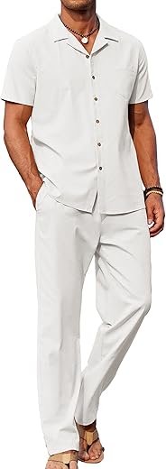 COOFANDY Men 2 Piece Linen Outfit Beach Button Down Shirt Casual Loose Pant Sets