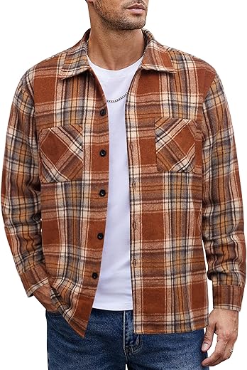 COOFANDY Men's Flannel Shirts Casual Button Down Plaid Shirt Jacket Long Sleeve Fleece Shacket with Pockets