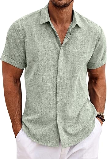 COOFANDY Men's Linen Shirts Short Sleeve Casual Shirts Button Down Shirt for Men Beach Summer Wedding Shirt